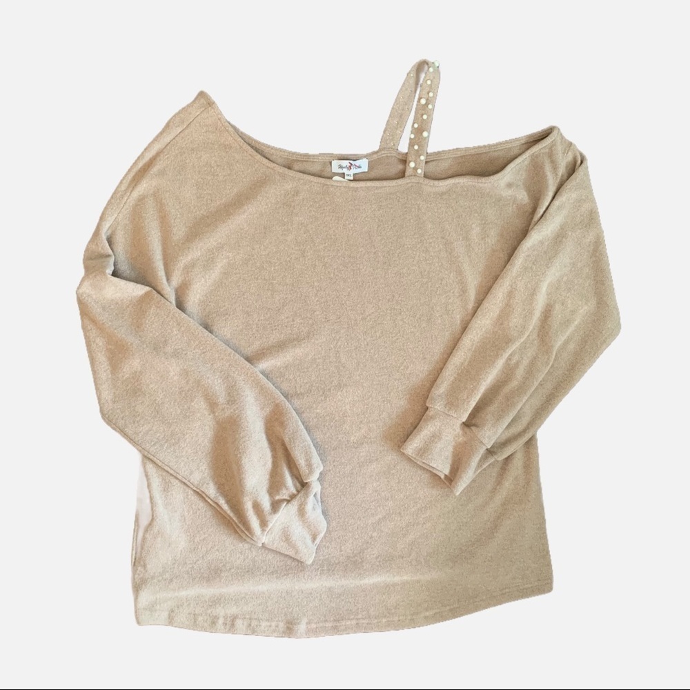Perfectly Priscilla SHES PERFECT Taupe Knit Pearl Open Shoulder Sweater Plus 1XL
